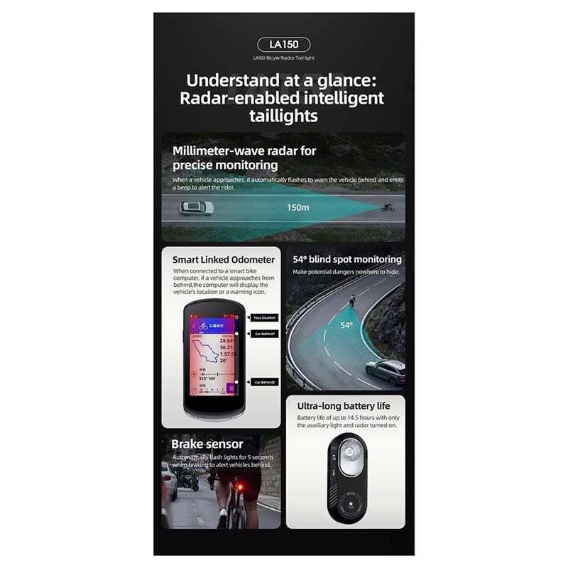 Cycling Radar Tail Light Rear Warning - مصباح خلفي للدراجة LA150 بتقنية الرادار،